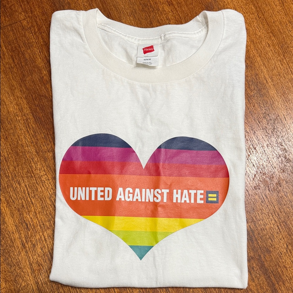 Hanes White T-Shirt with Rainbow Heart Design